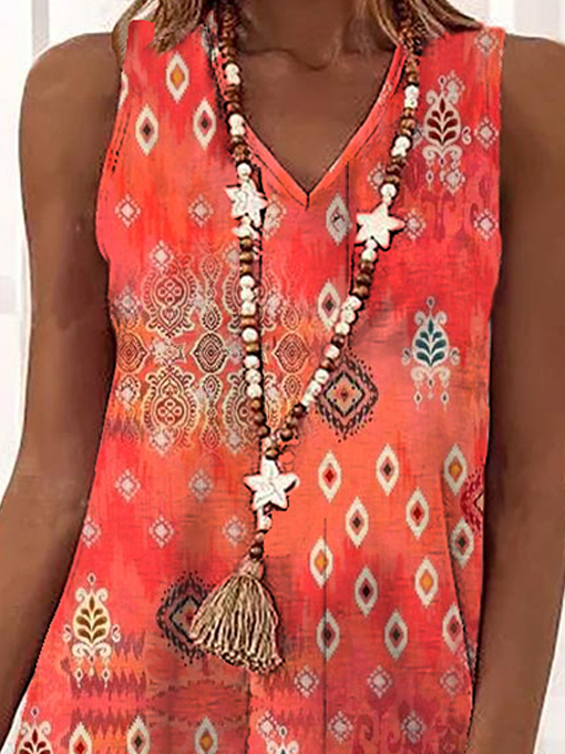 Women's Ethnic Design V-Neck Loose Vest Dress