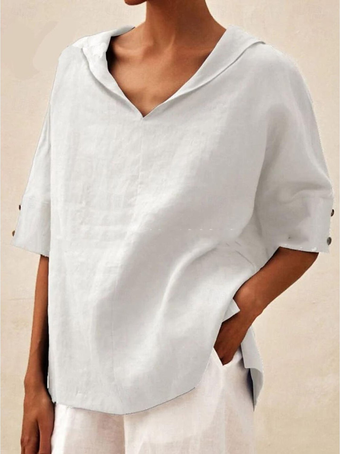 Cotton Plain Shawl Collar Casual Blouse