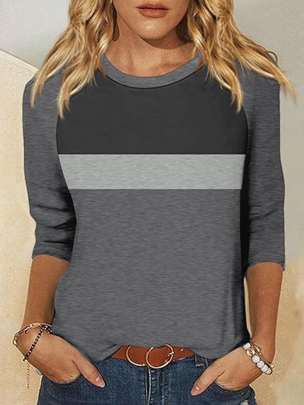 Crew Neck Casual Color Block T-Shirt