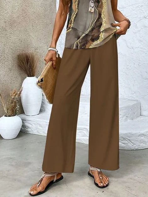 Women's Abstract Daily Going Out Two-Piece Set Brown Casual Summer Top With Pants Matching Set