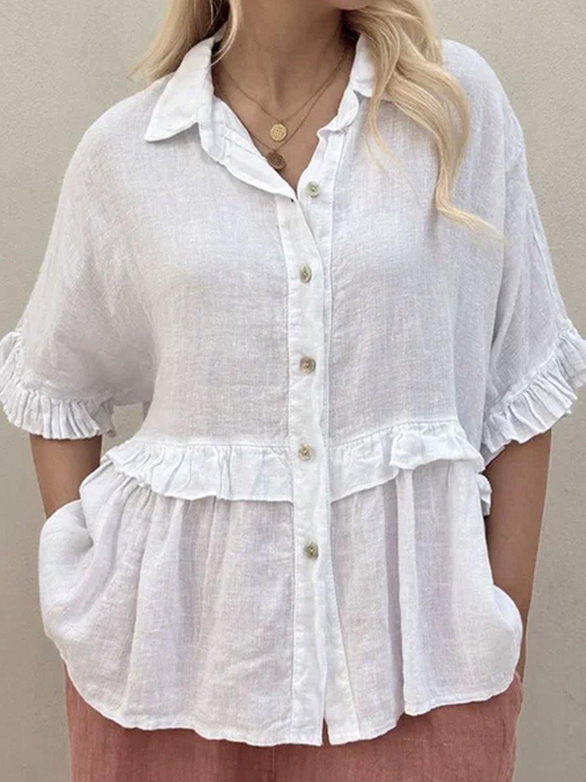 Plain Shirt Collar Casual Cotton Shirt