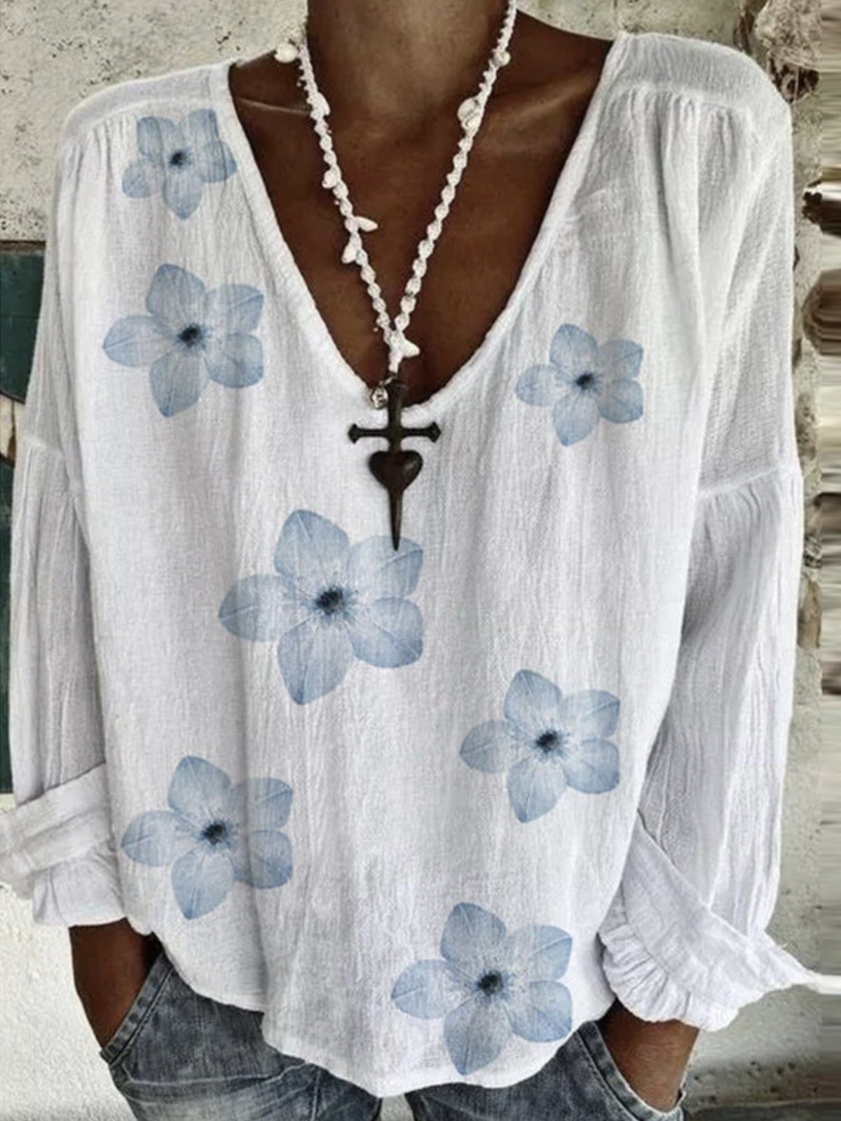 V Neck Casual Loose Blouse