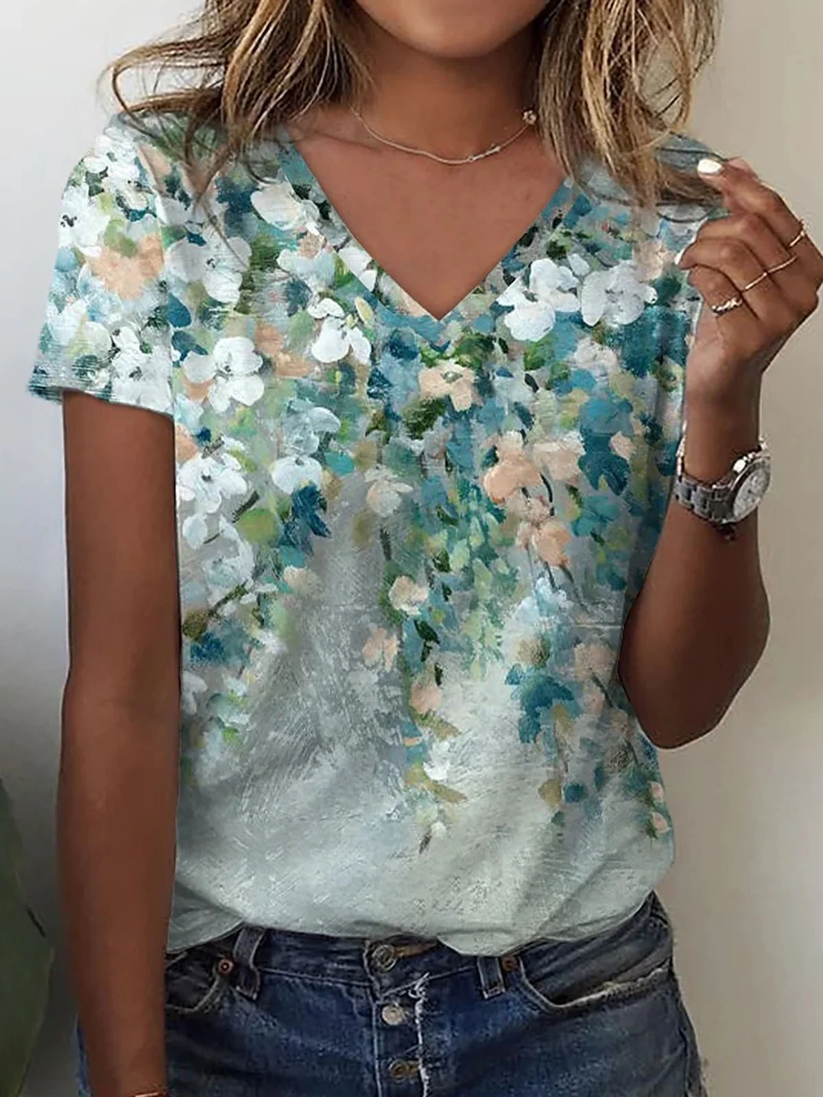 Floral Casual V Neck T-Shirt