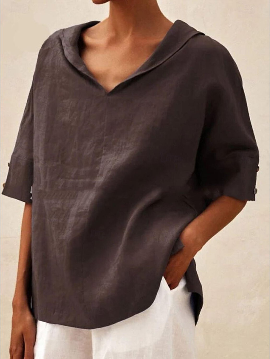 Cotton Plain Shawl Collar Casual Blouse