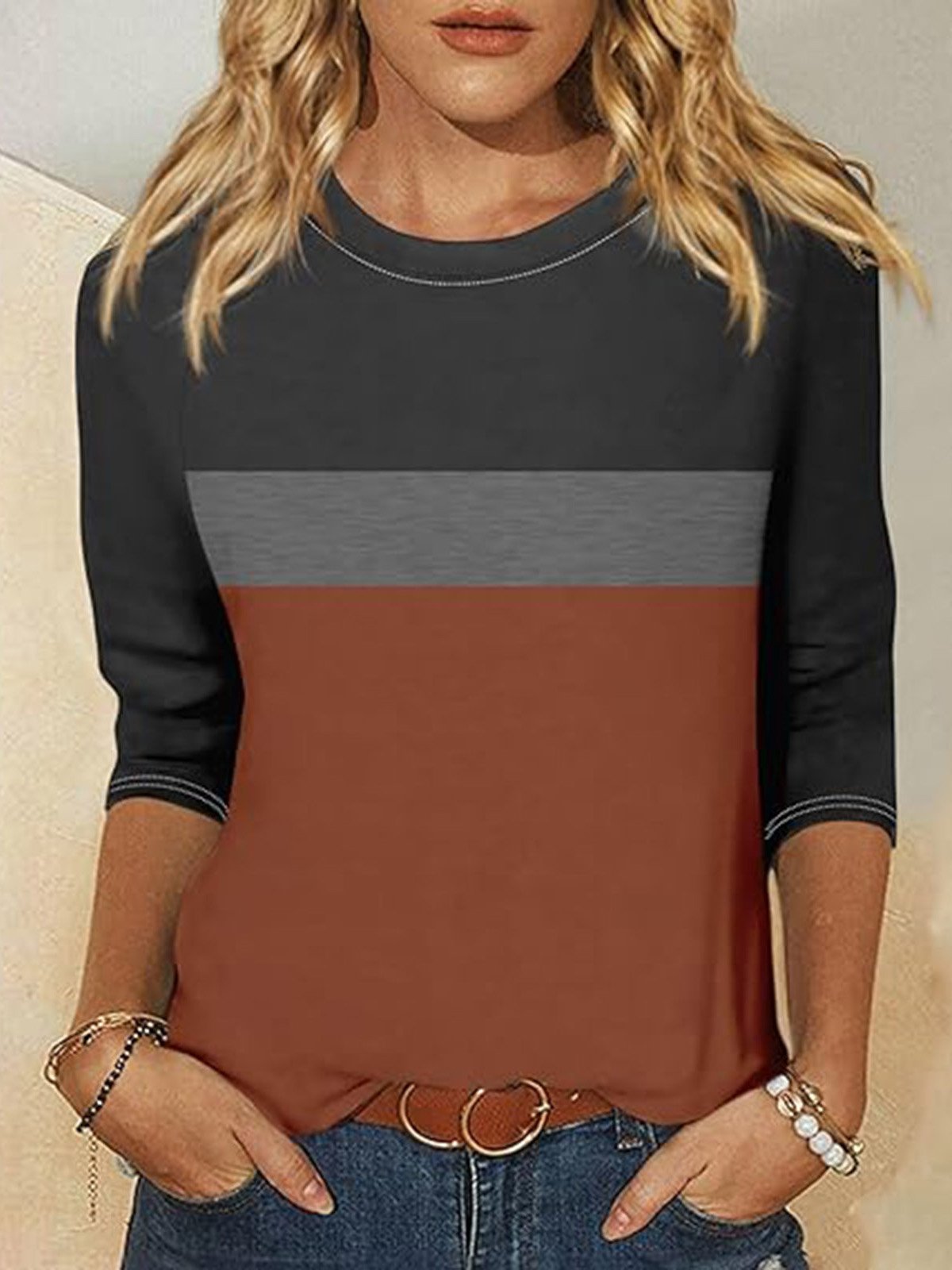 Crew Neck Casual Color Block T-Shirt