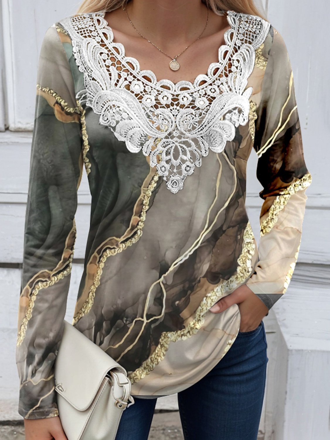 Casual Crew Neck Lace Edge T-Shirt