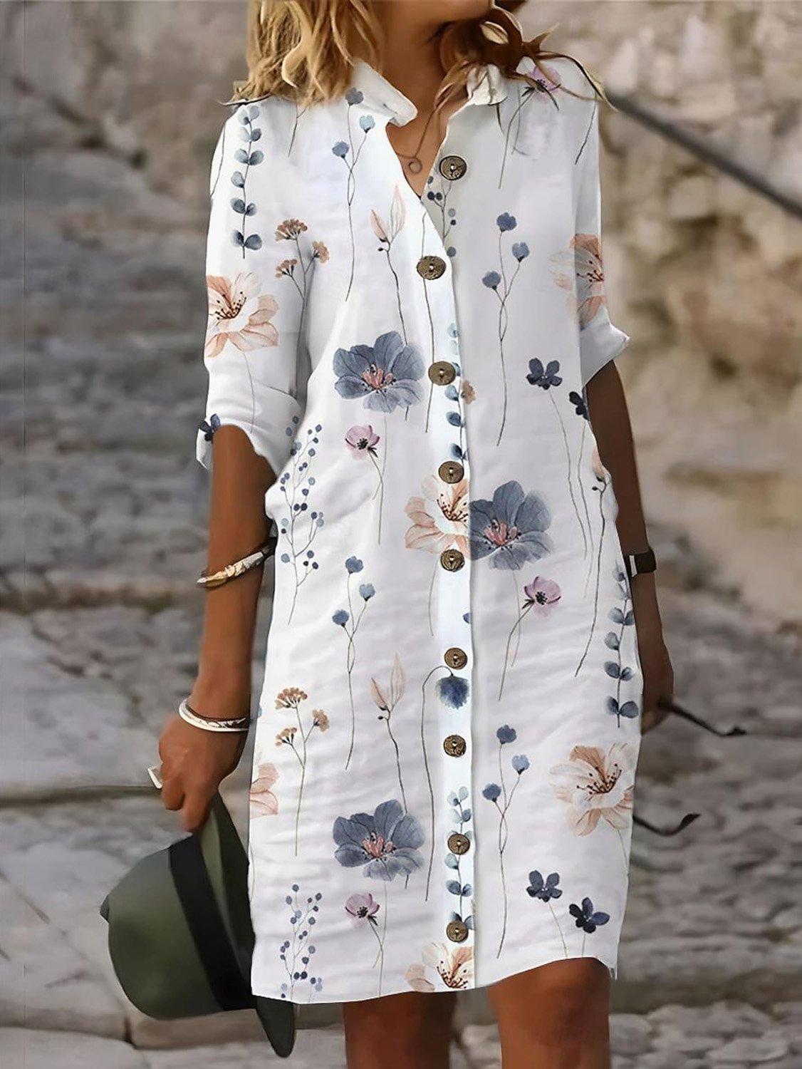 Buttoned Floral Casual Shirt Collar Dress