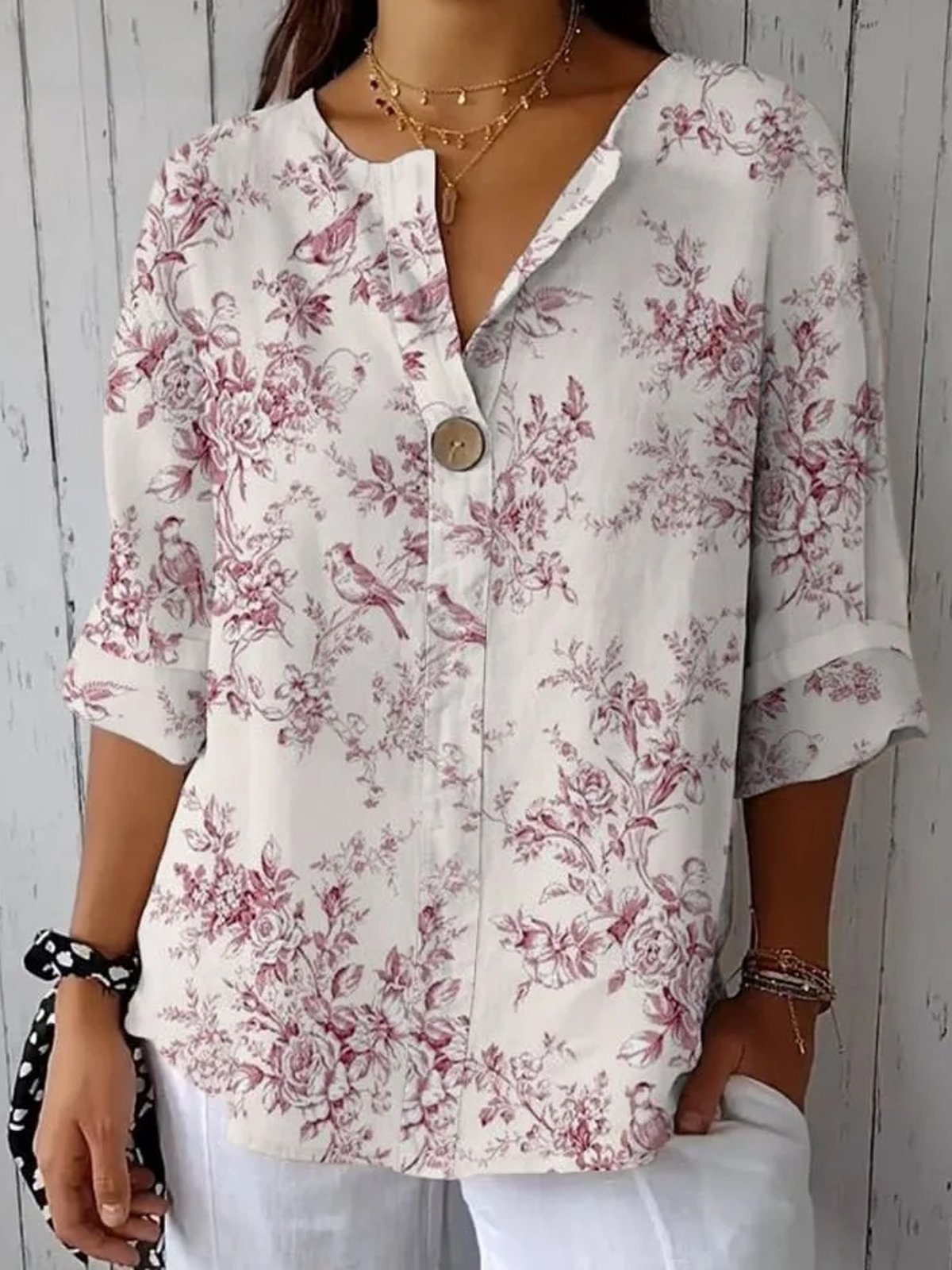 V Neck Floral Casual Blouse