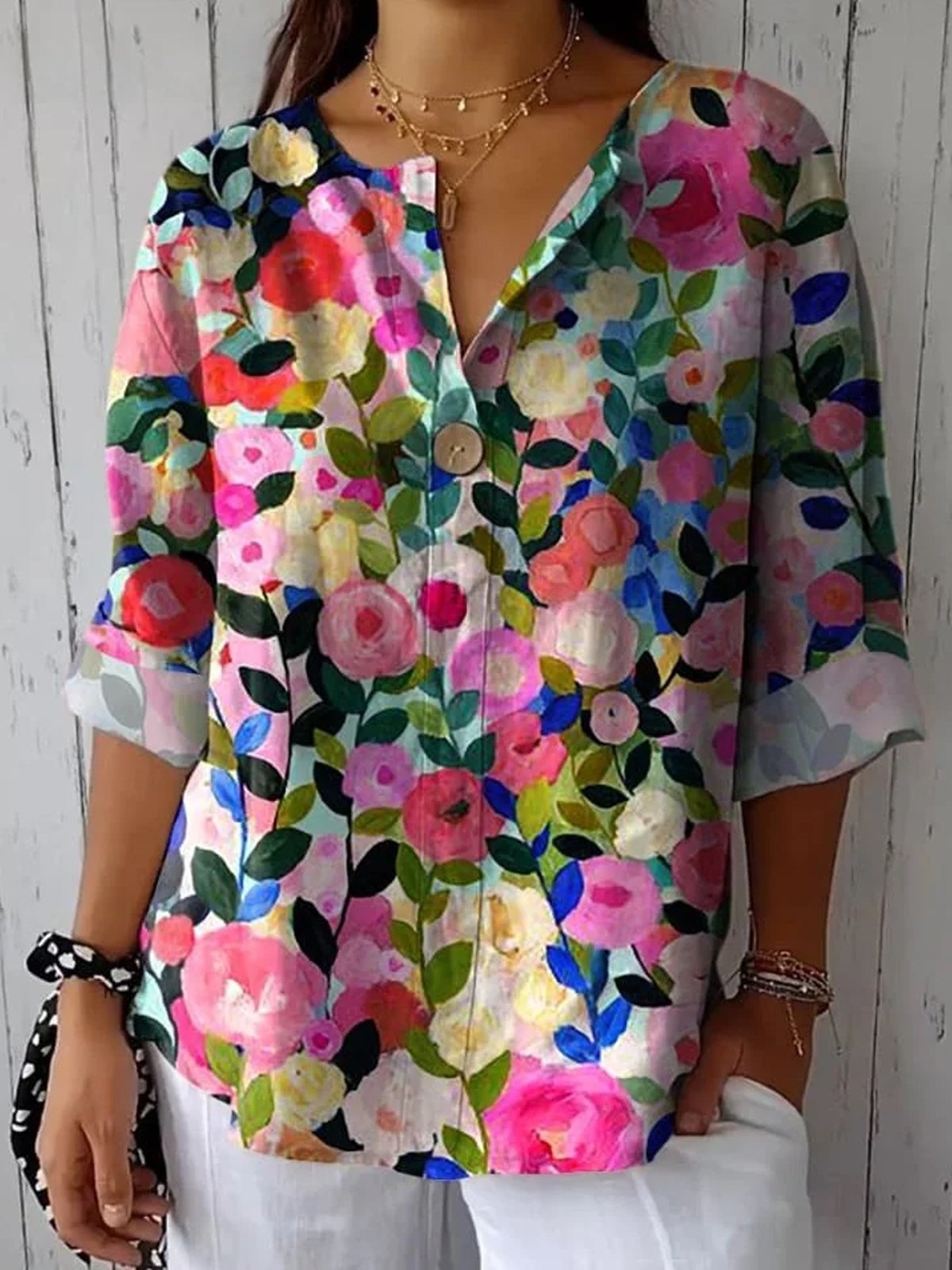 V Neck Floral Casual Blouse