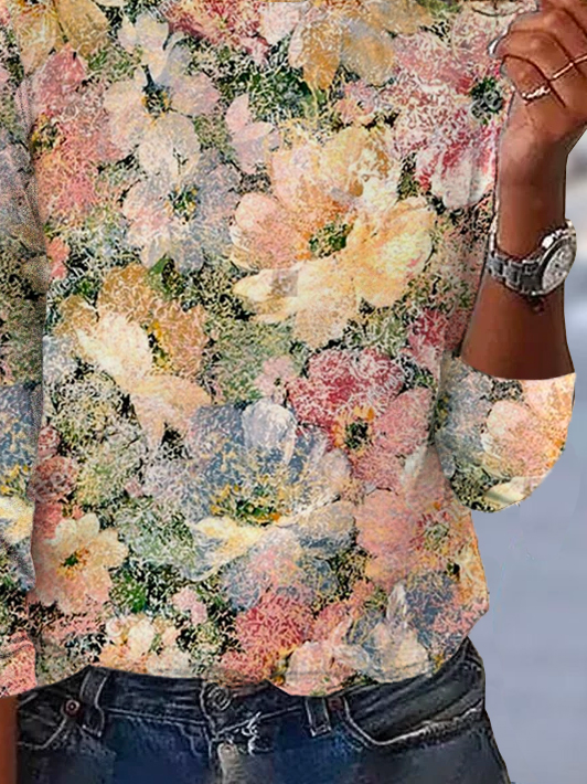 Loose Casual Crew Neck Floral T-Shirt