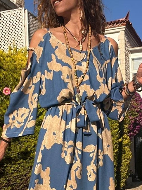 Women's Long Sleeve Spring/Fall Blue Floral Crew Neck Daily Going Out Casual Maxi A-Line Dress