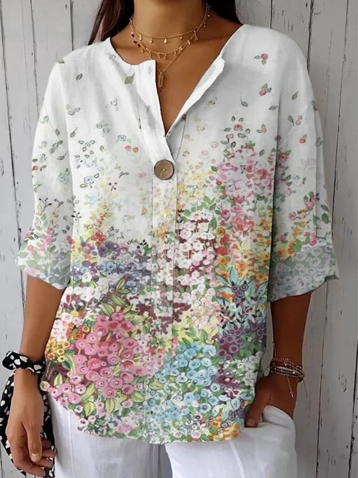 V Neck Floral Casual Blouse