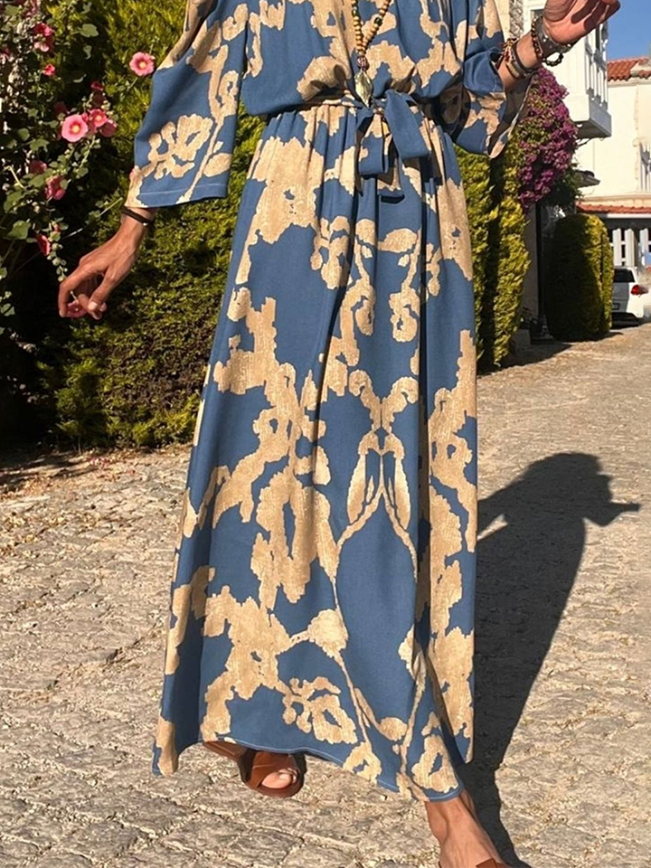 Women's Long Sleeve Spring/Fall Blue Floral Crew Neck Daily Going Out Casual Maxi A-Line Dress