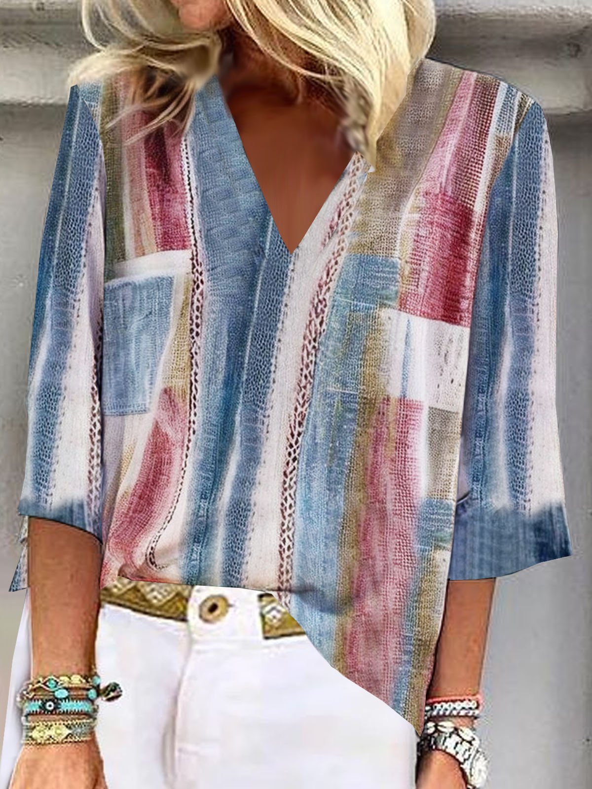 Abstract V Neck Loose Casual Blouse