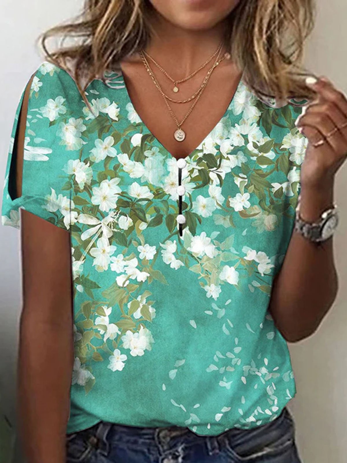 Buckle Floral Casual Loose T-Shirt