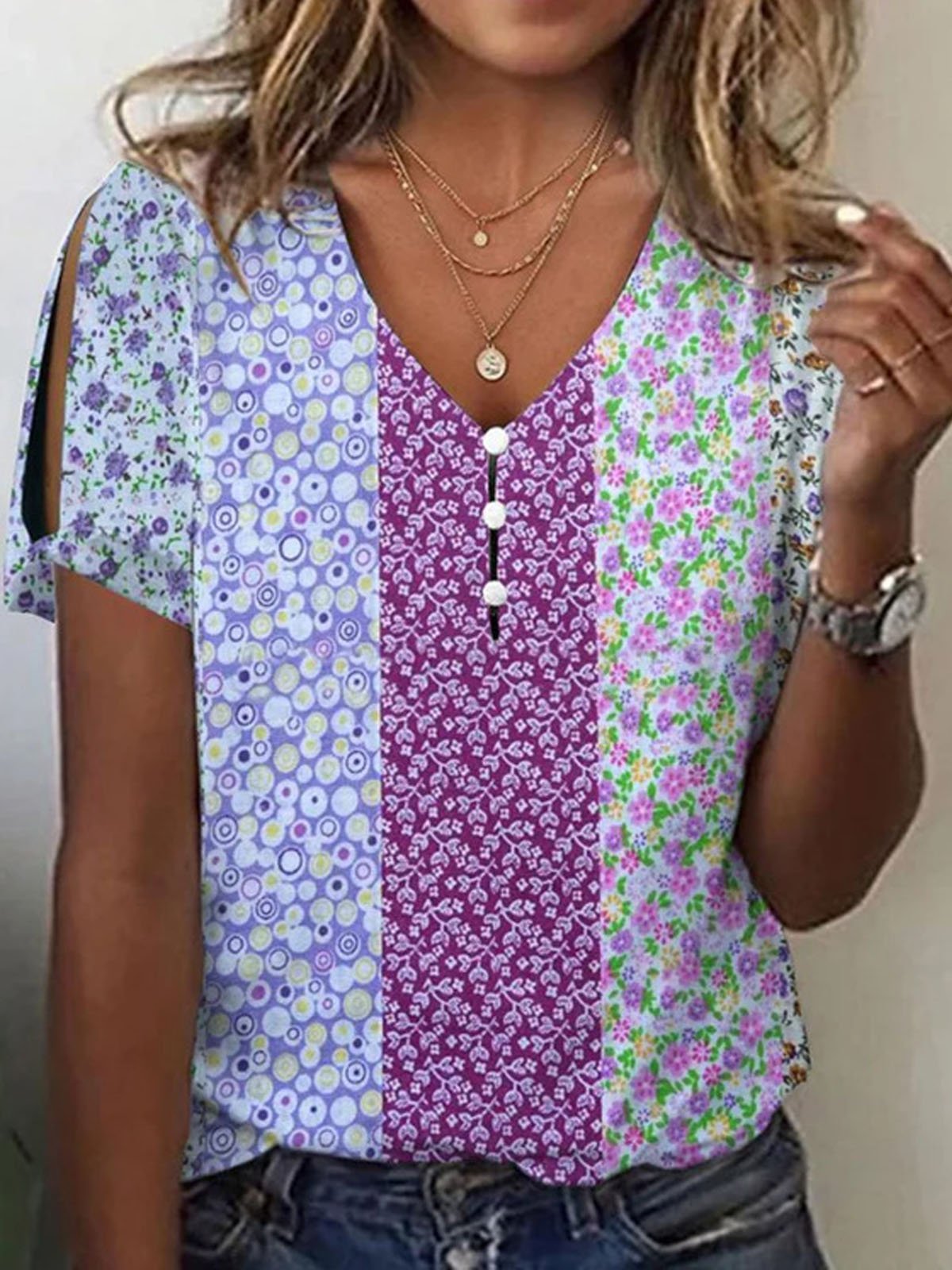 Buckle Floral Casual Loose T-Shirt