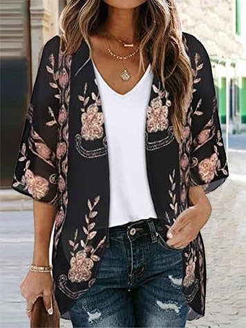 Casual V Neck Floral Loose Kimono