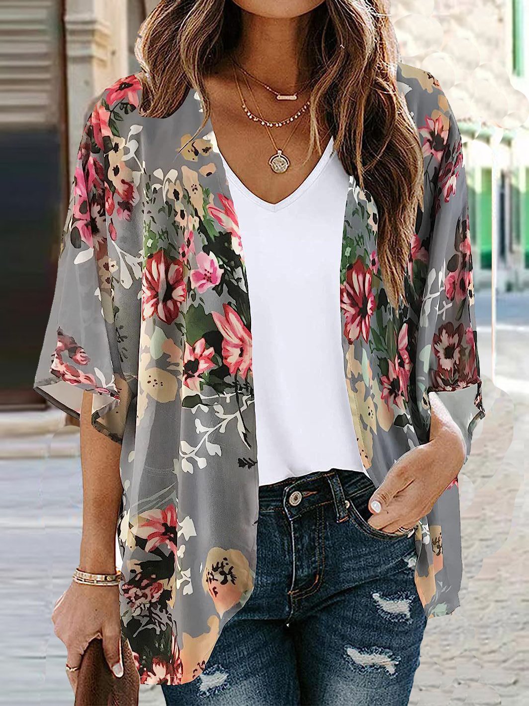 Casual V Neck Floral Loose Kimono