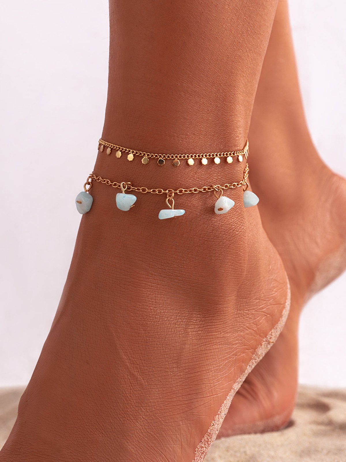 Faux Pearl Beaded Rhinestone Anklet Set