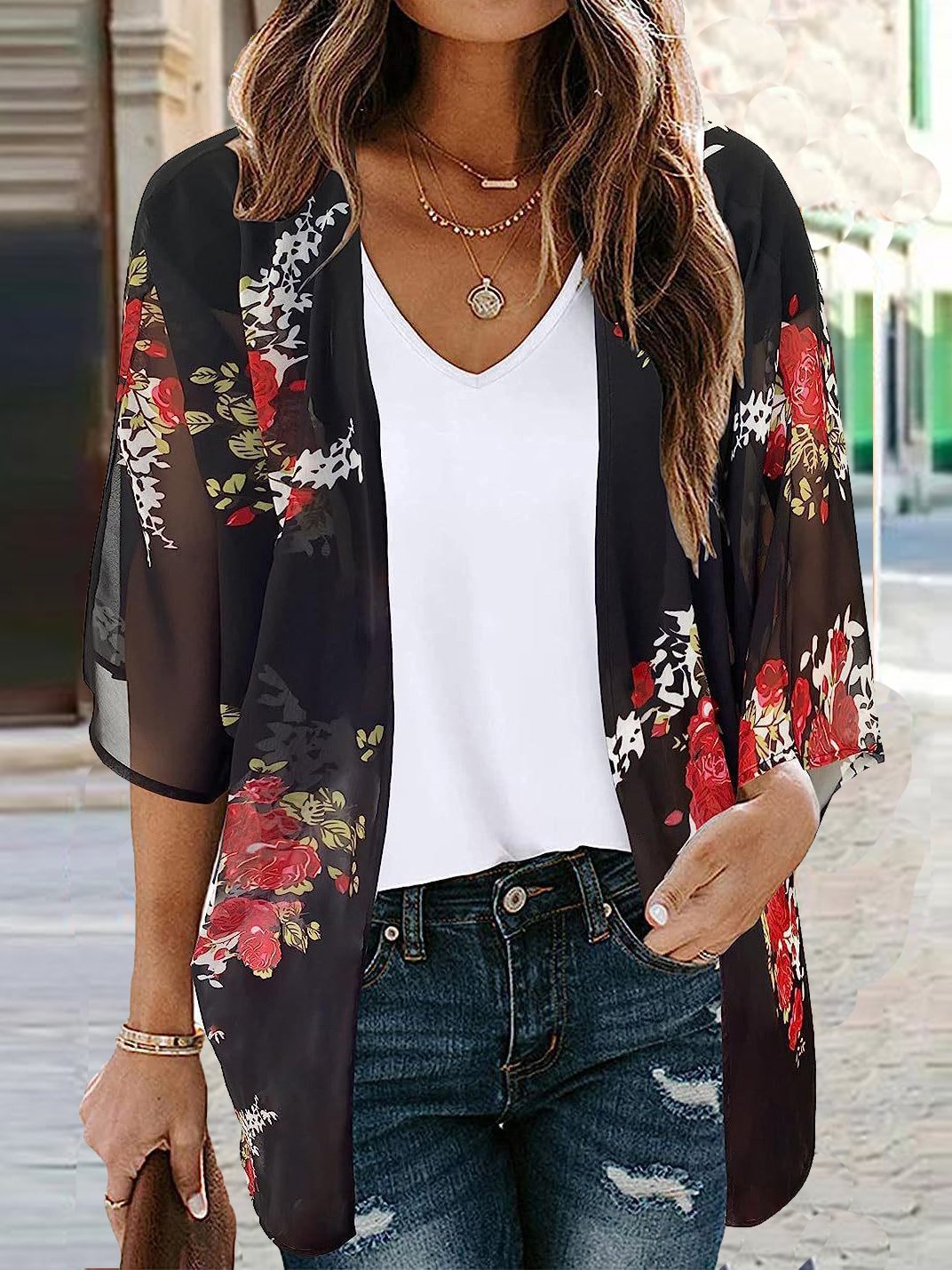 Casual V Neck Floral Loose Kimono