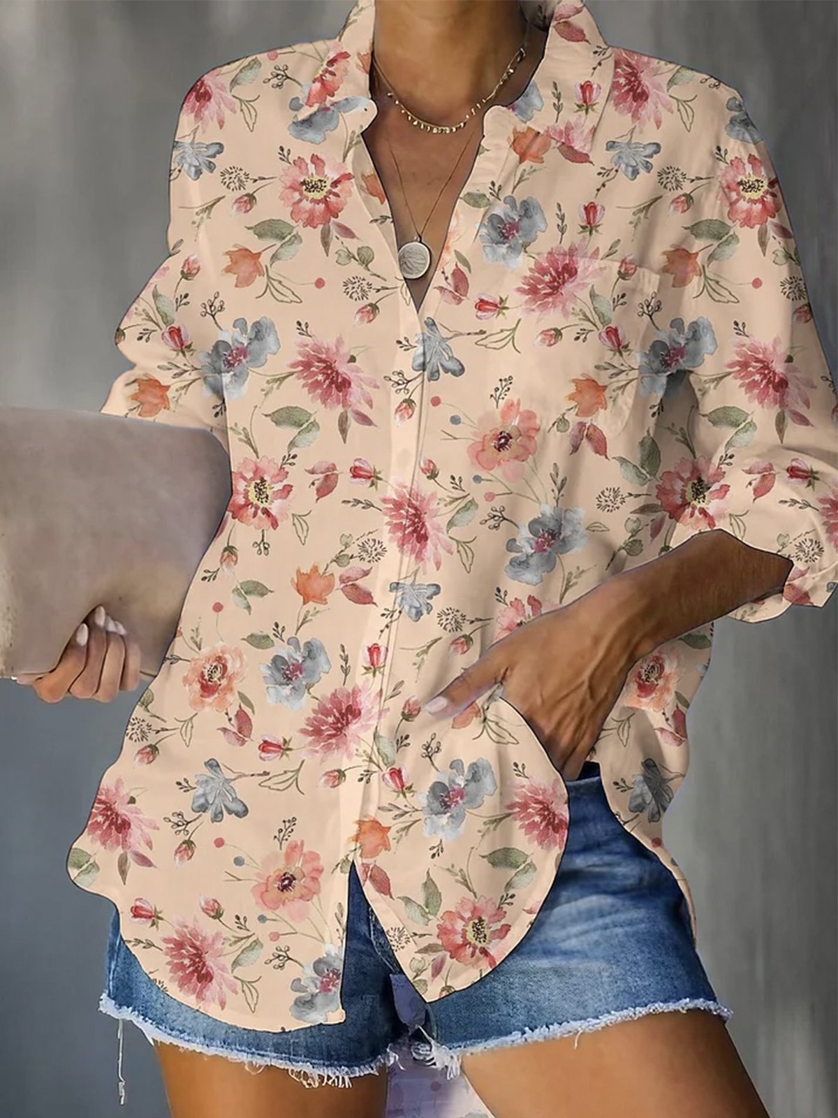 Buckle Shirt Collar Floral Casual Shirt