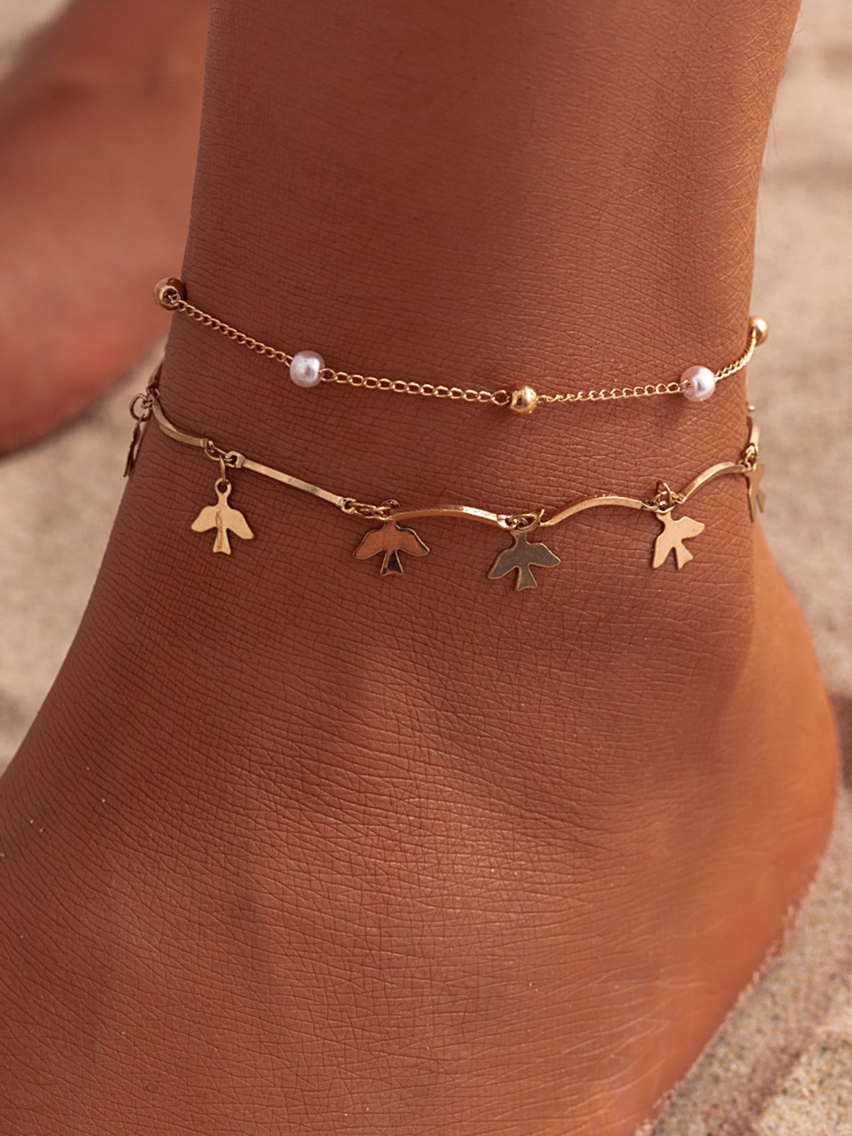 Faux Pearl Beaded Rhinestone Anklet Set