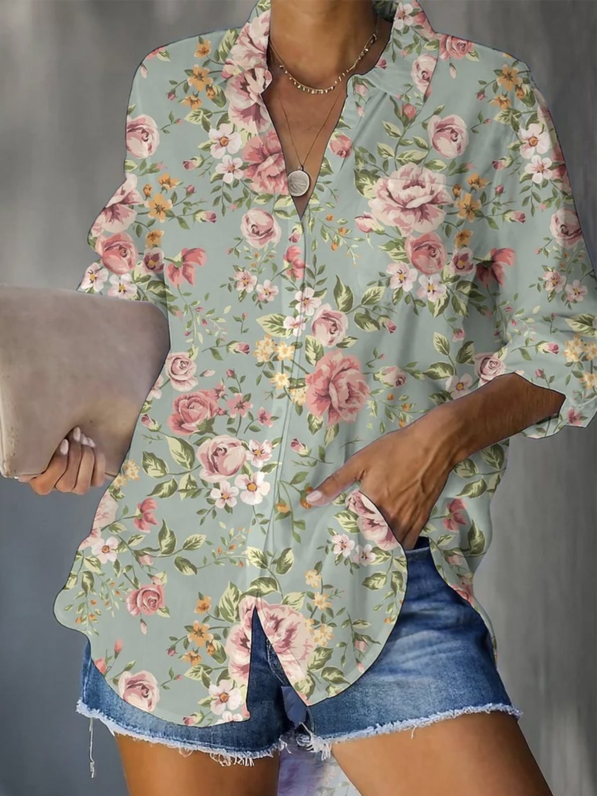 Buckle Shirt Collar Floral Casual Shirt