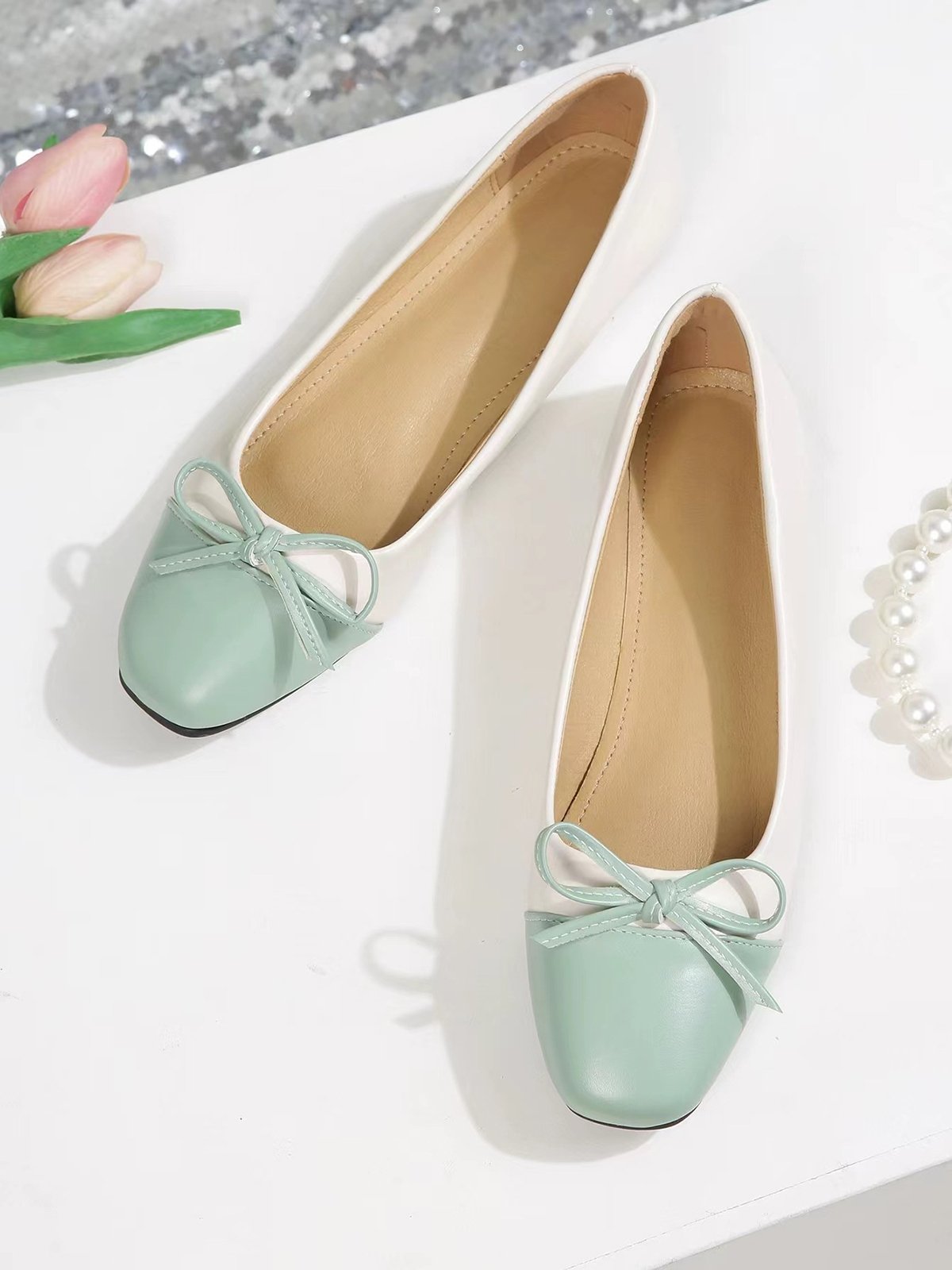 Bowknot Colorblock Ballet Flats