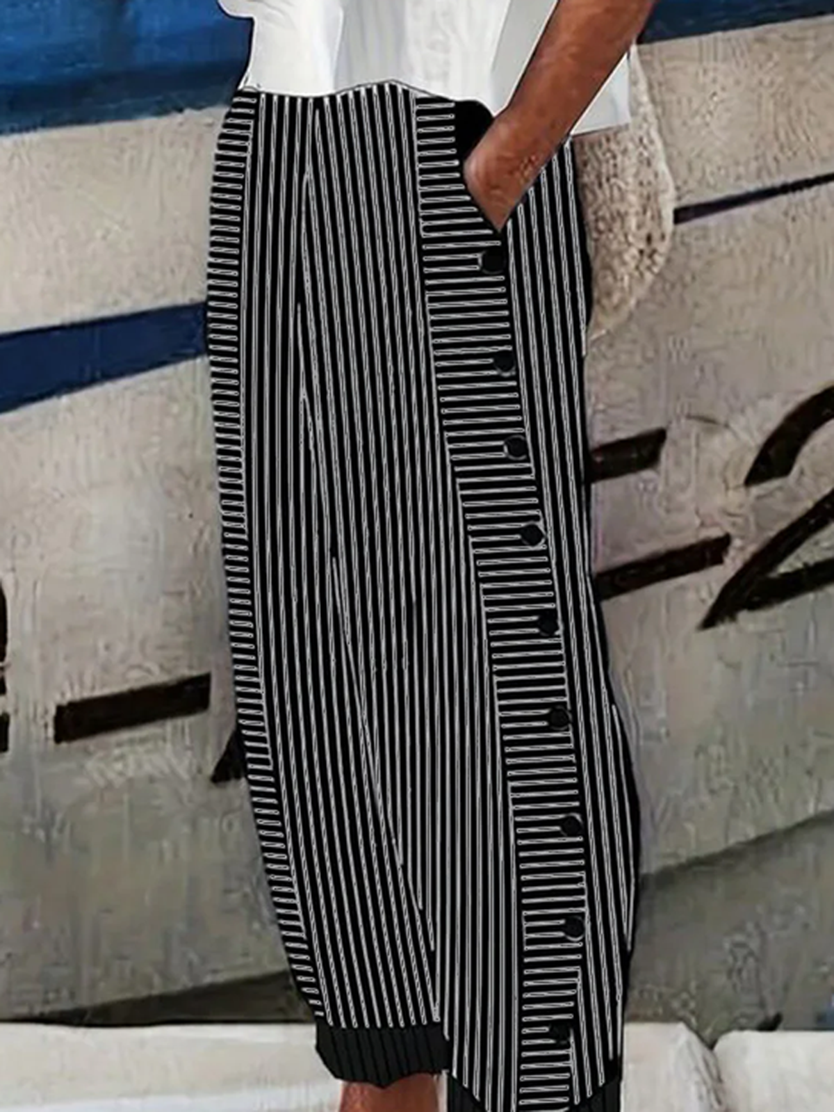 Black-White Striped Casual Pants