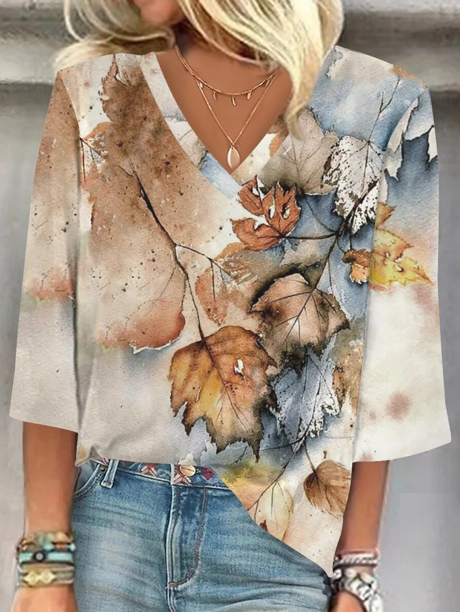 V Neck Floral Loose Casual Blouse