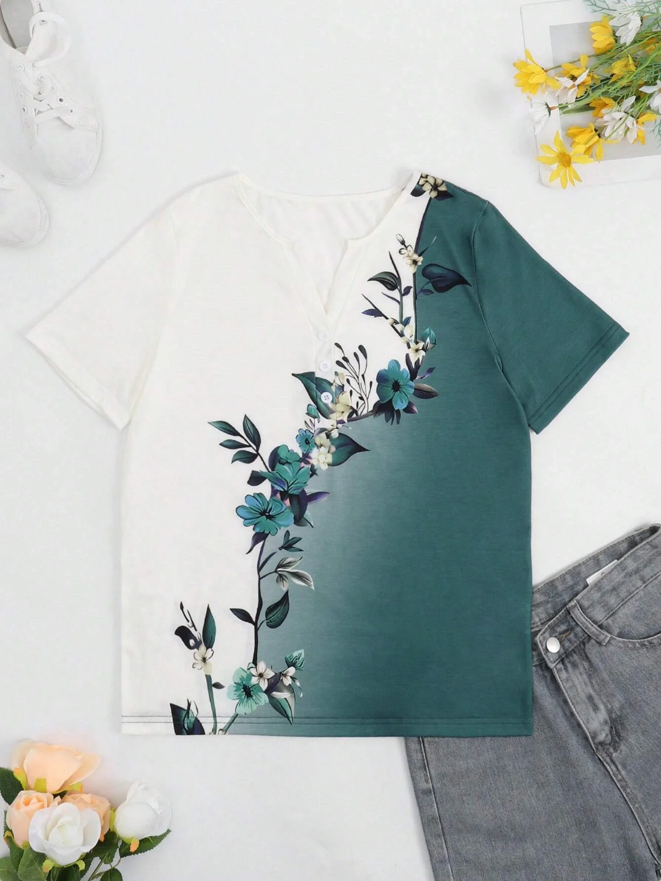 Women's Short Sleeve Blouse Summer Green Floral Buckle Notched Daily Going Out Casual Top