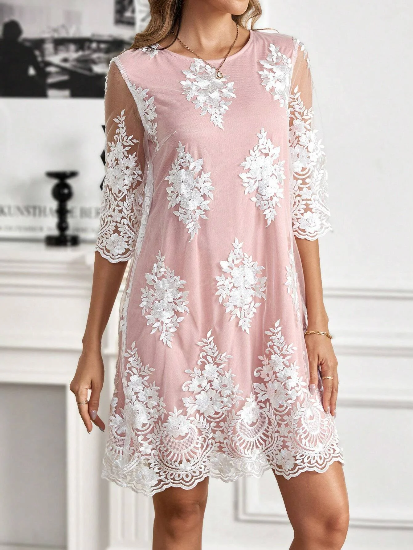 Women's Half Sleeve Summer White Plain Embroidery Crew Neck Tea Party Going Out Elegant Midi H-Line Shift Dress Dress