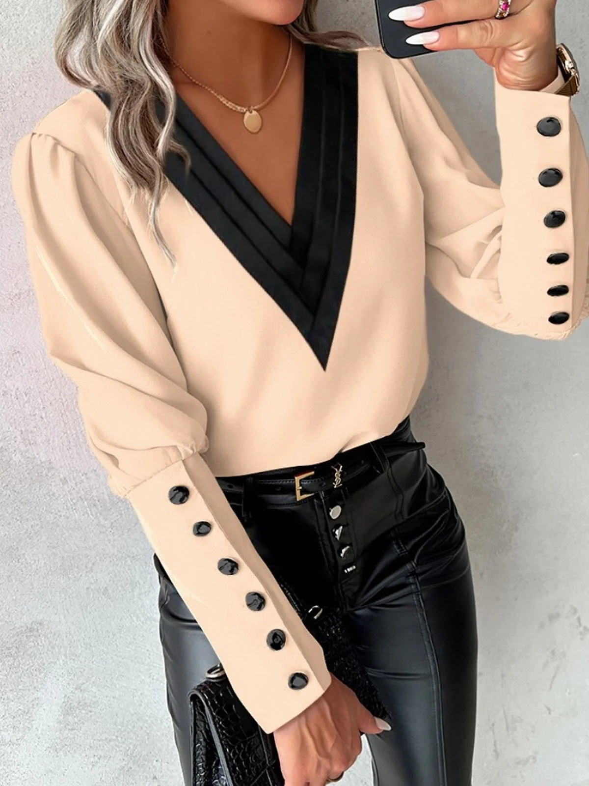 Casual Color Block V Neck Blouse