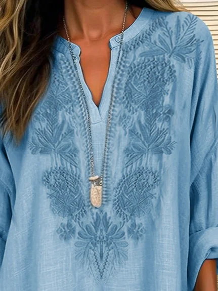 Women's Long Sleeve Embroidery Cotton And Linen V Neck Casual Top