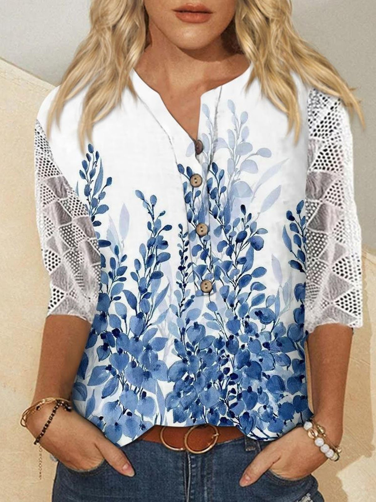 Floral Buckle Loose Casual Blouse