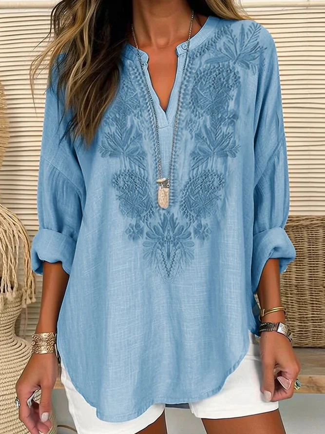 Women's Long Sleeve Embroidery Cotton And Linen V Neck Casual Top