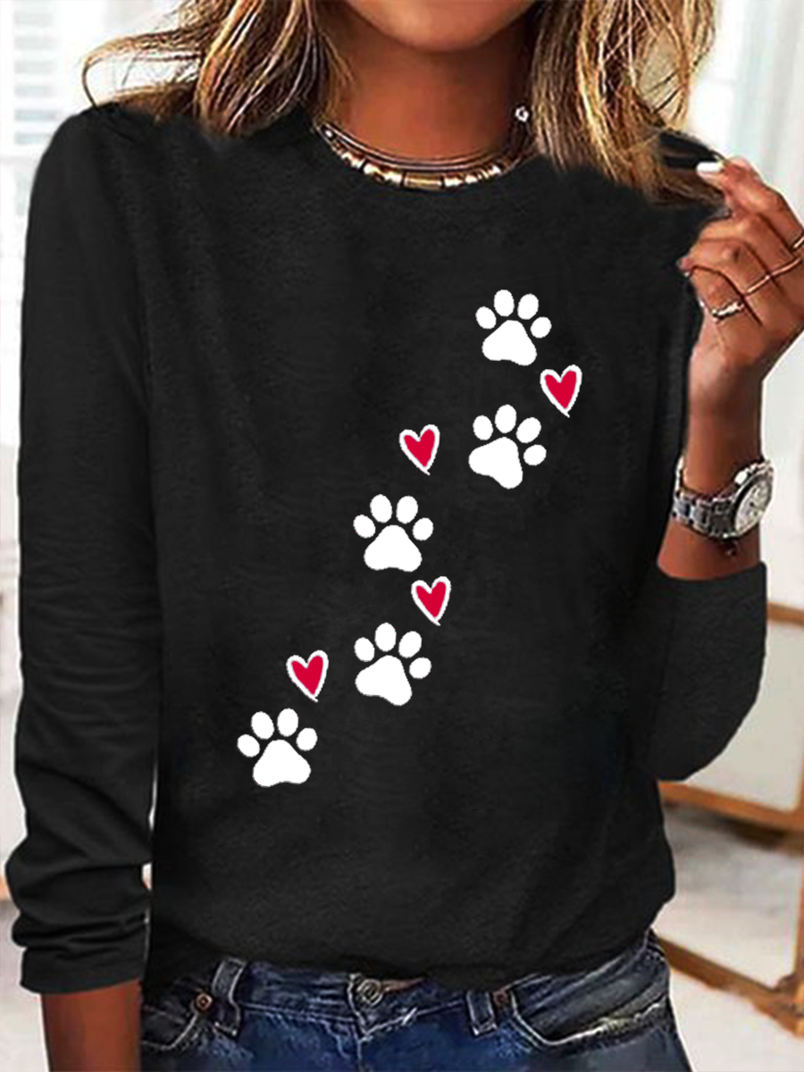 Heart Dog V Neck Text Letters Simple Long Sleeve Shirt