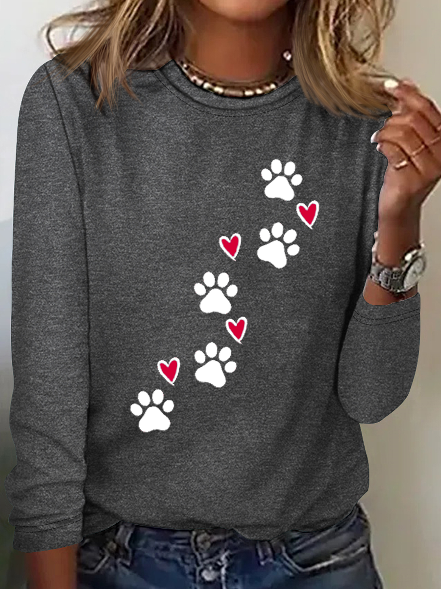 Heart Dog V Neck Text Letters Simple Long Sleeve Shirt