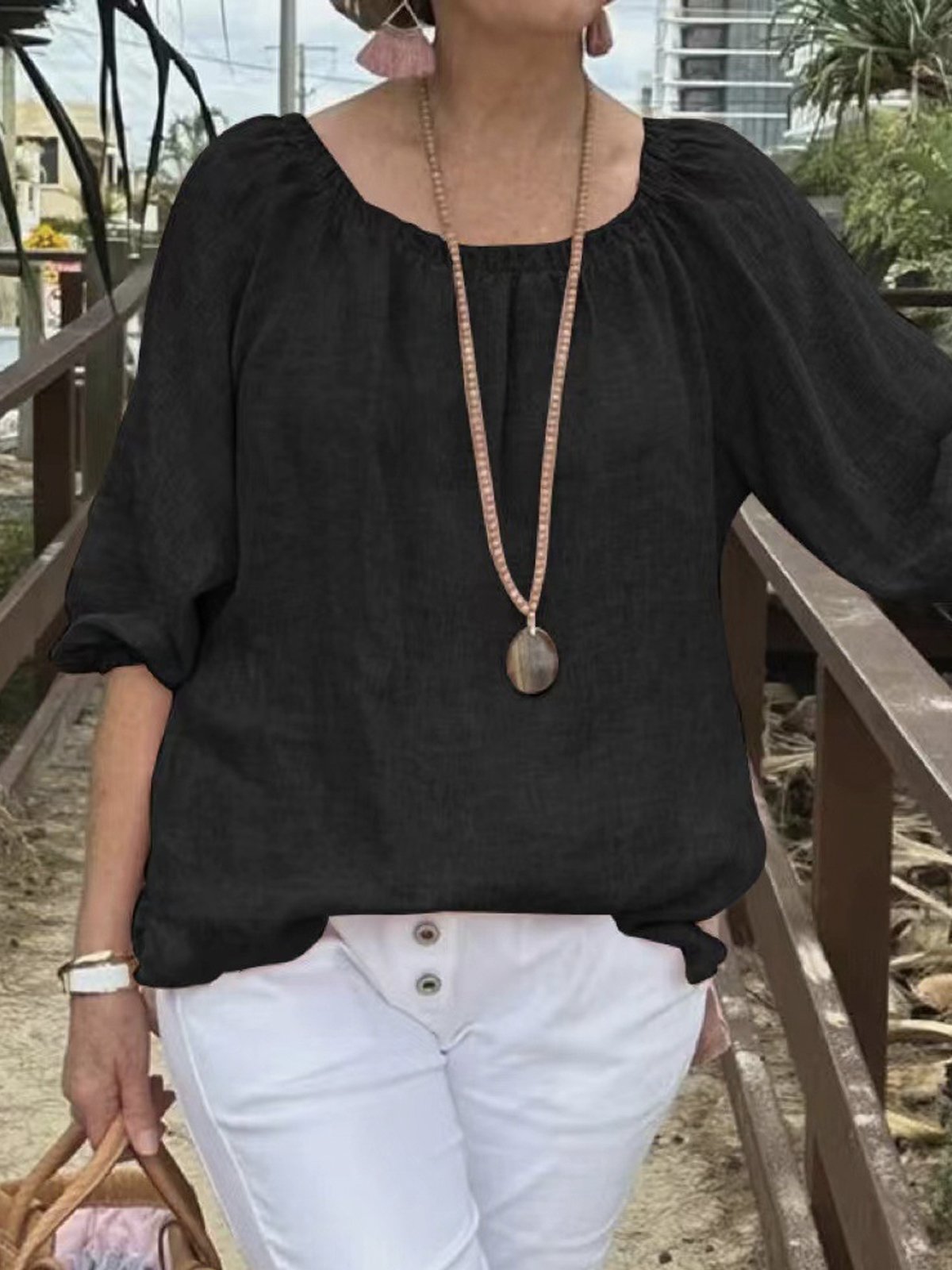 Crew Neck Plain Casual Cotton Blouse