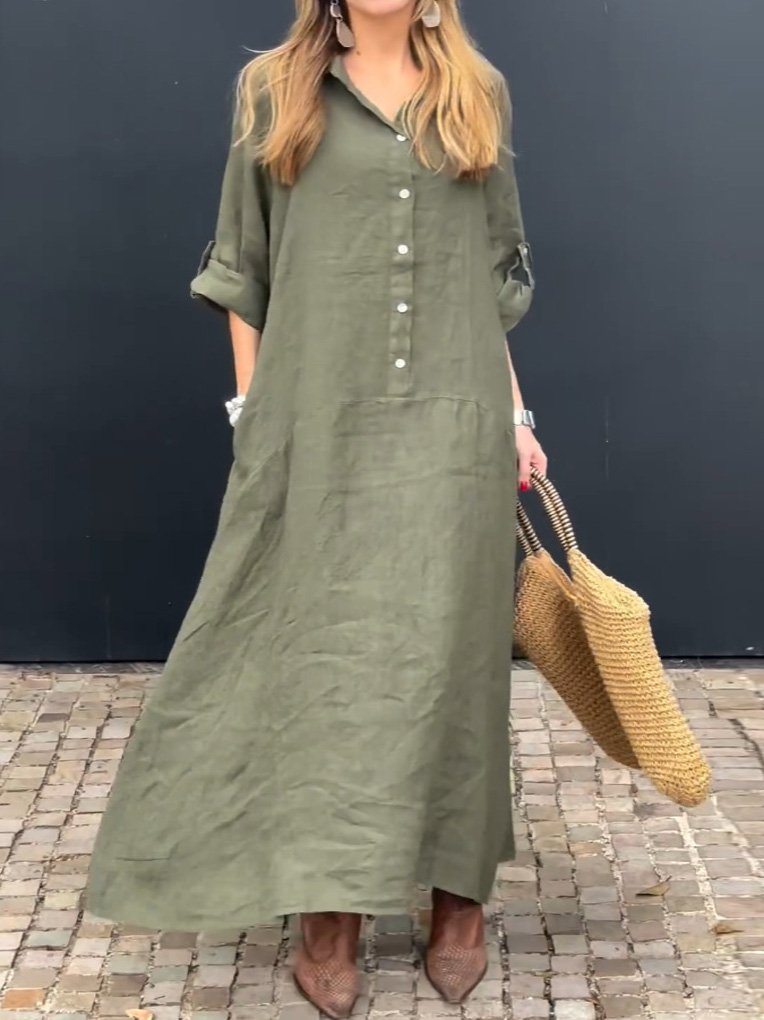 Casual Shawl Collar Plain Shirt Dress