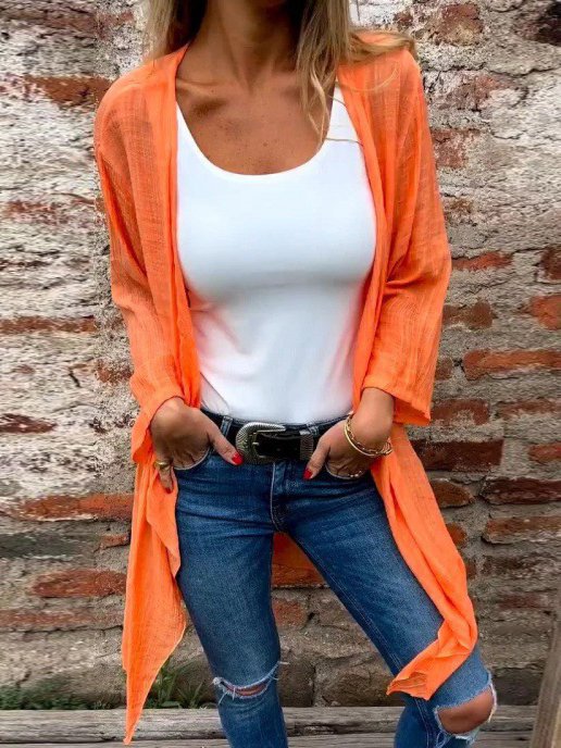 Cotton Plain Casual V Neck Kimono