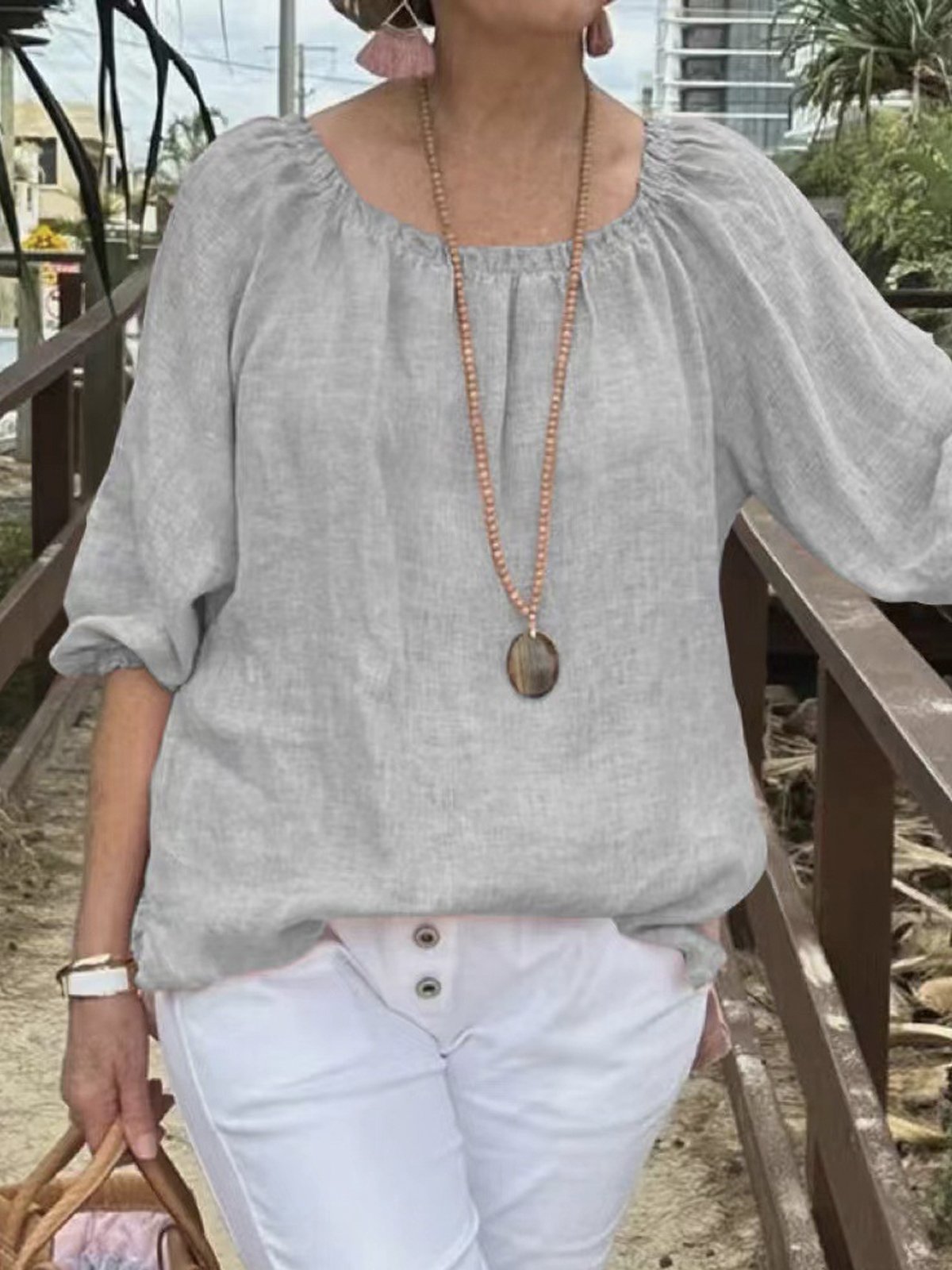 Crew Neck Plain Casual Cotton Blouse