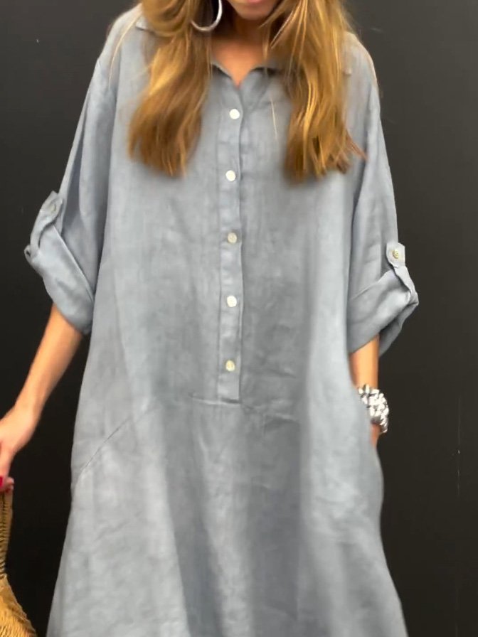 Casual Shawl Collar Plain Shirt Dress