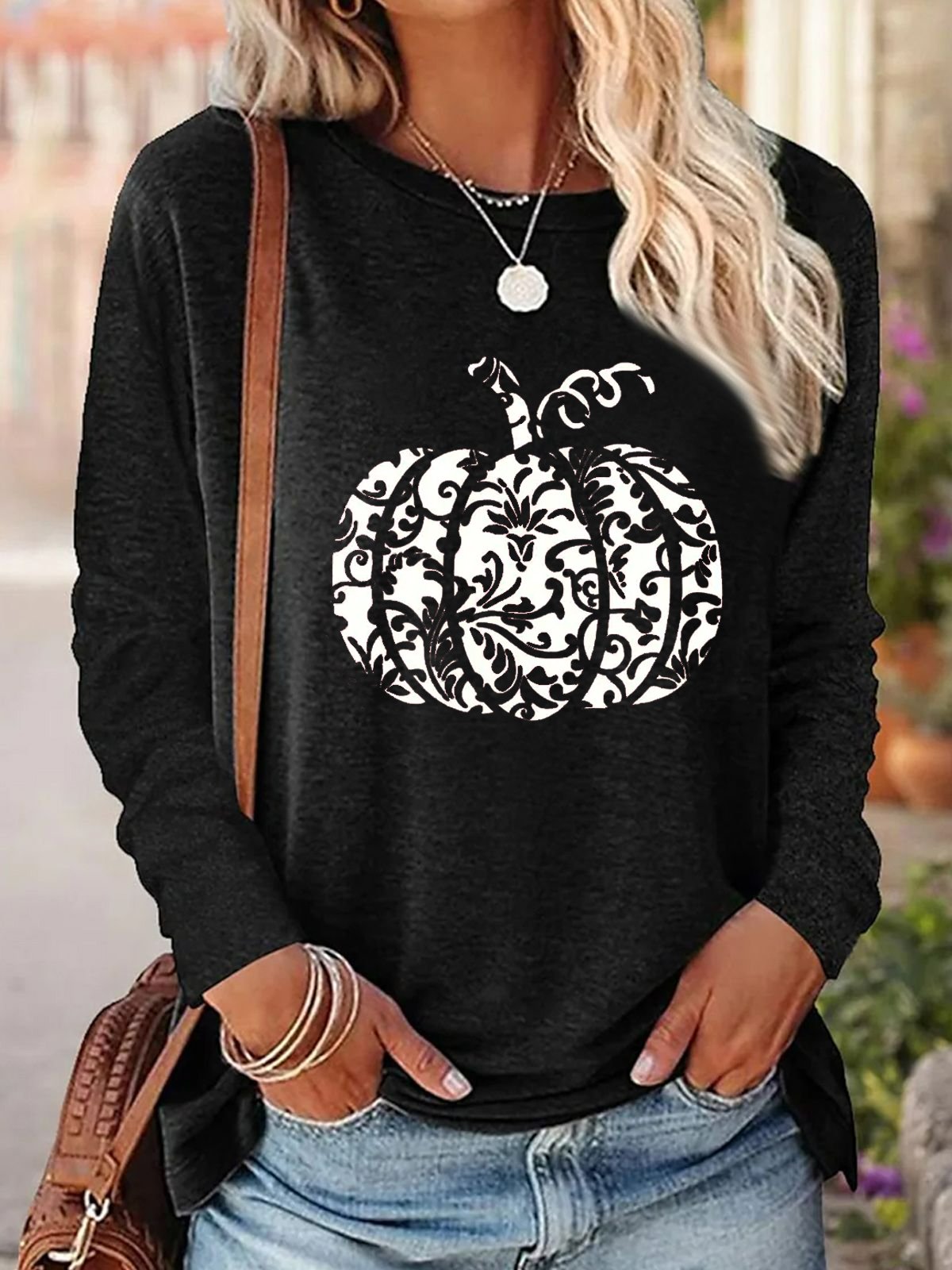 Cotton-Blend Casual Pumpkin Pattern Crew Neck T-Shirt