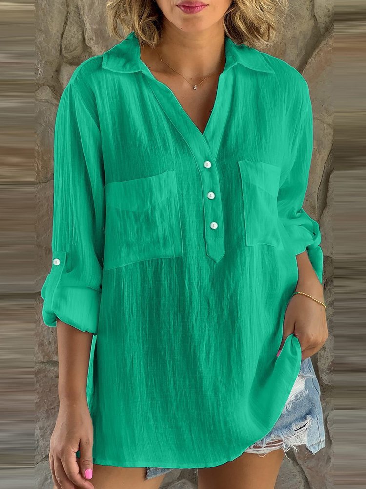 Casual V Neck Buttoned Cotton Blouse