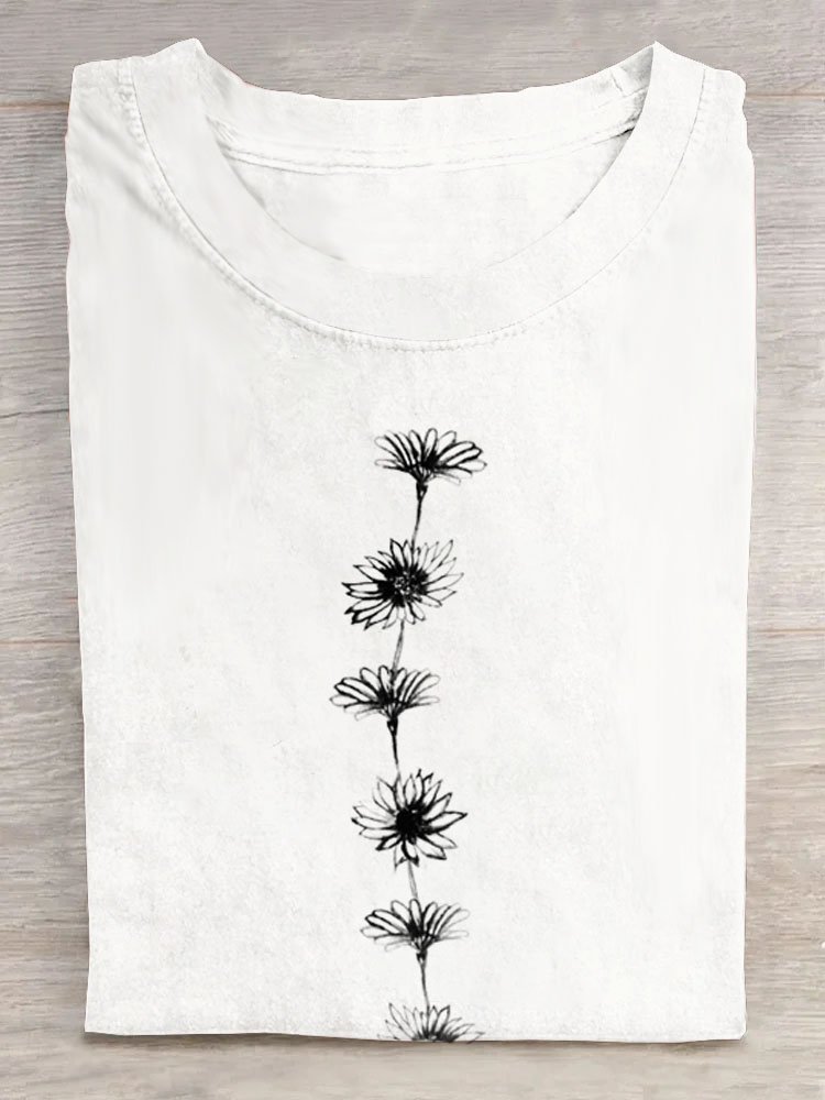 Casual Floral Crew Neck Cotton T-Shirt