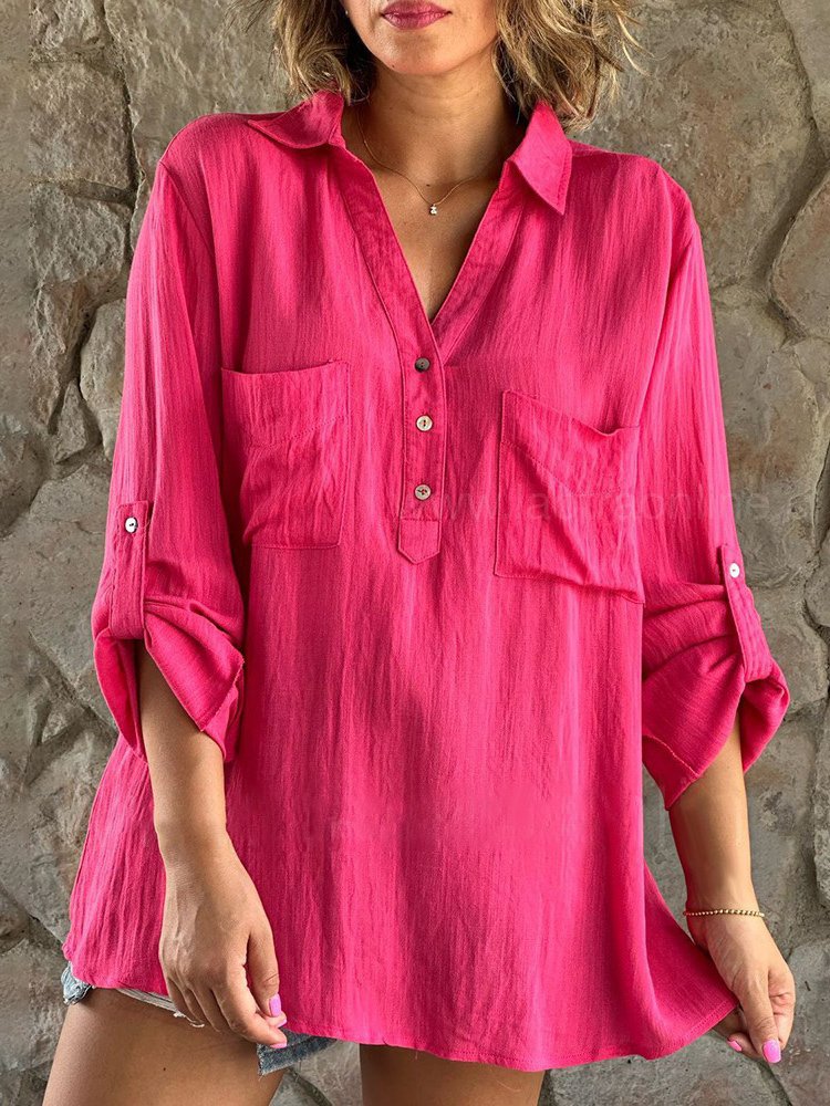 Casual V Neck Buttoned Cotton Blouse