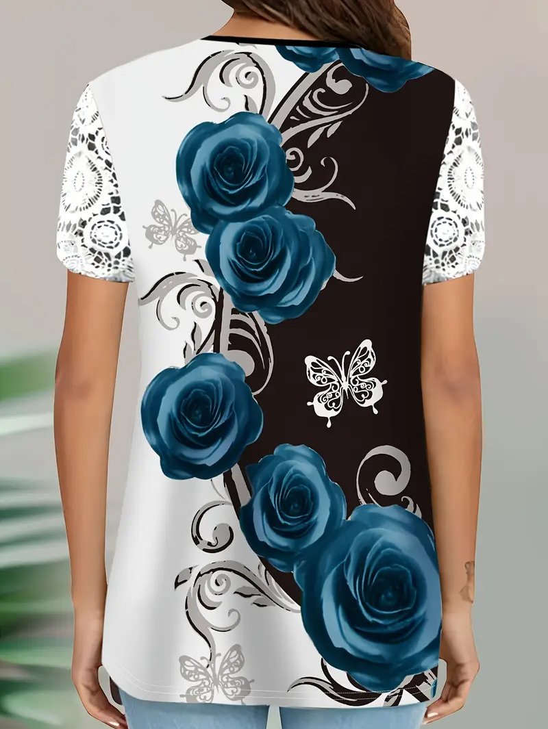 Lace Edge Jersey Floral Casual T-Shirt