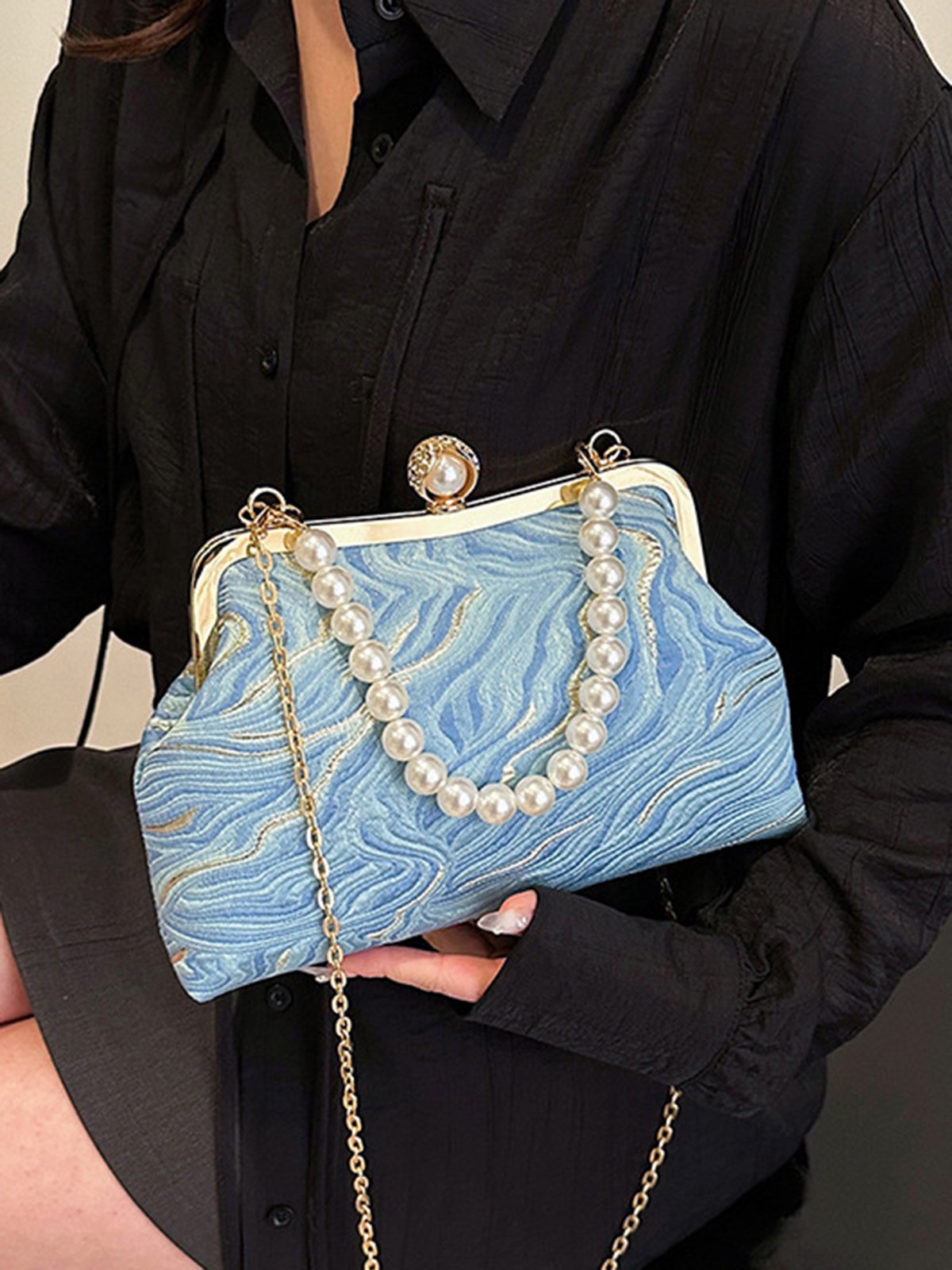 Elegant Imitation Pearl Beaded Handbag Clutch Bag with Detachable Crossbody Strap