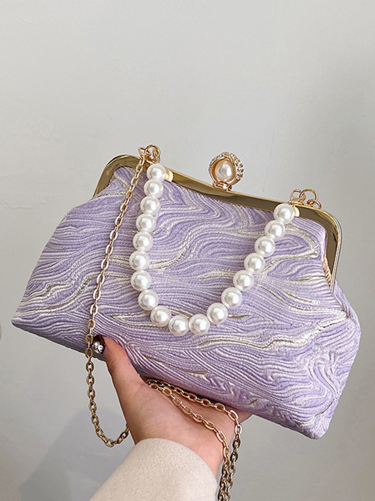 Elegant Imitation Pearl Beaded Handbag Clutch Bag with Detachable Crossbody Strap